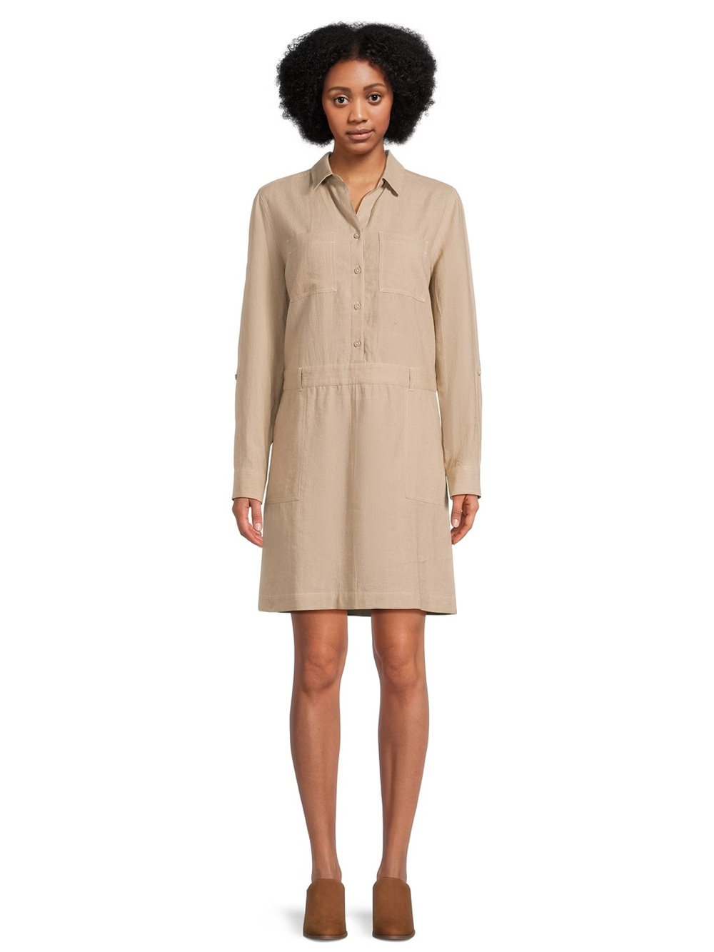 Button-Front Shirt Dress in Beige